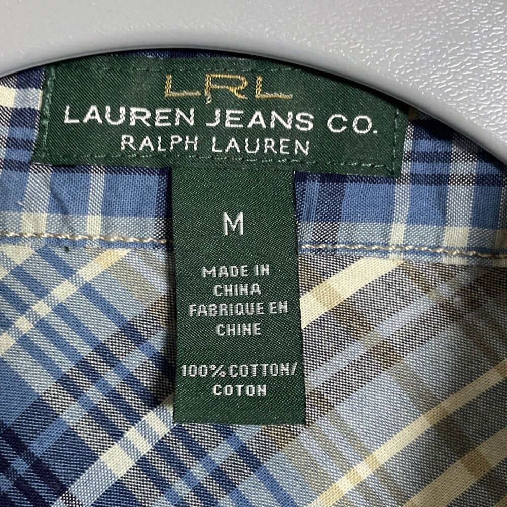 LRL Lauren Jeans Co Ralph Lauren Woman's Button Up Blue Cotton Plaid Shirt Sz M - Picture 3 of 10